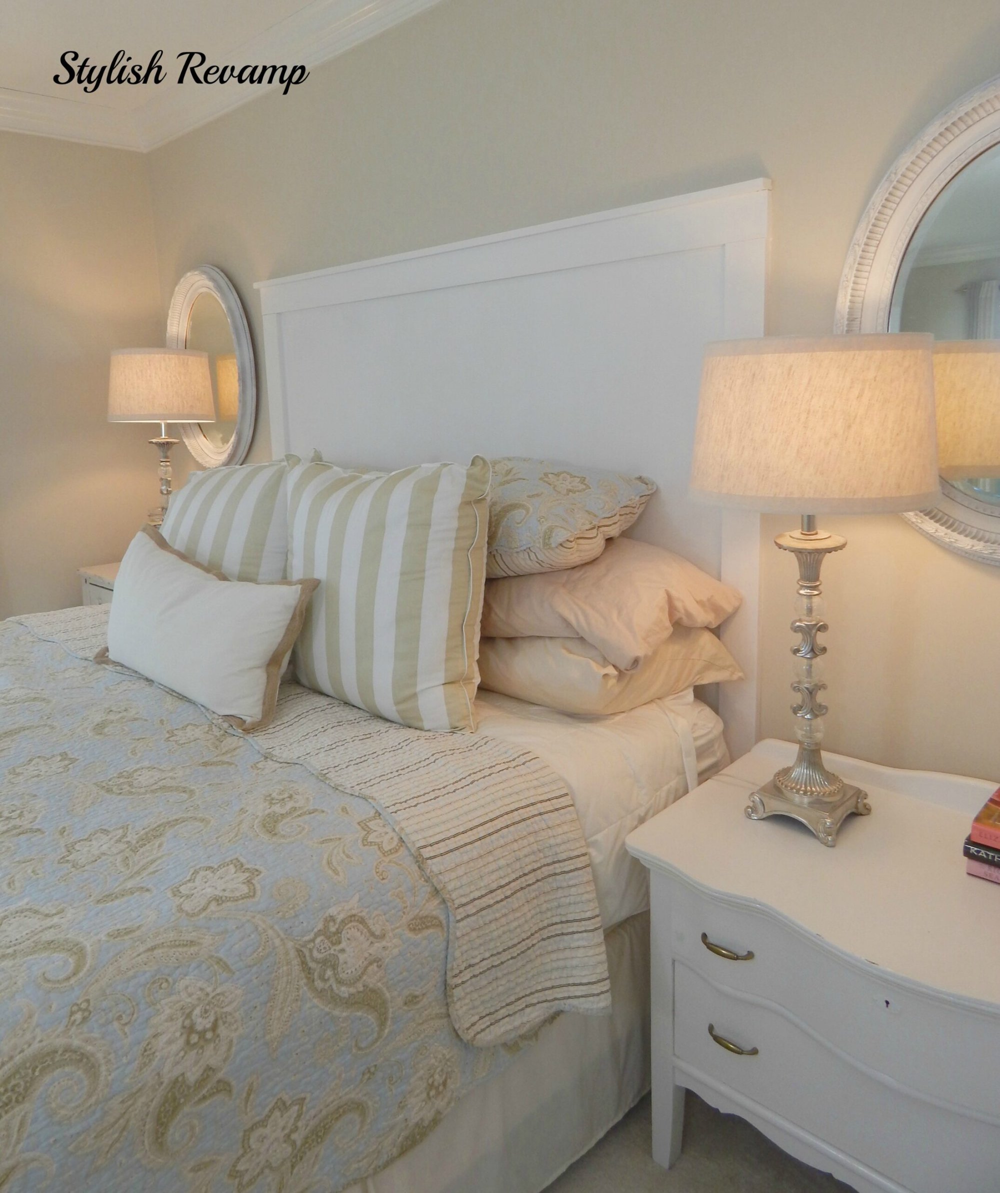 Master Bedroom painted with City Loft SW neutral bedding bedside table and lamps