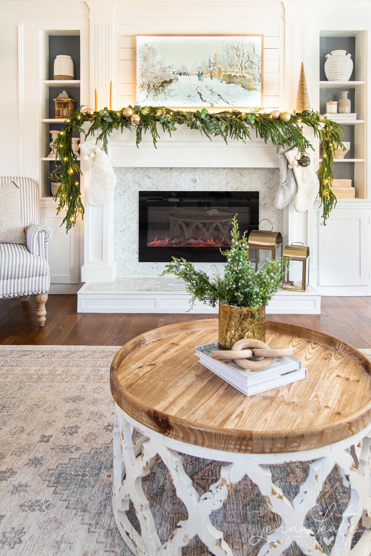 Living room mantel decorated for Christmas