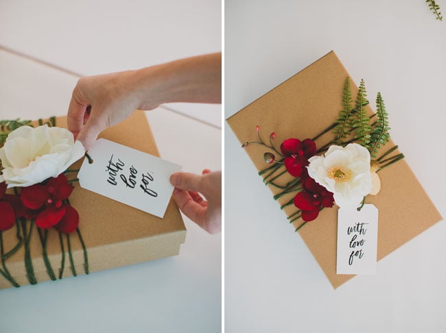 gorgeous brown paper Christmas presents with white and red florals 