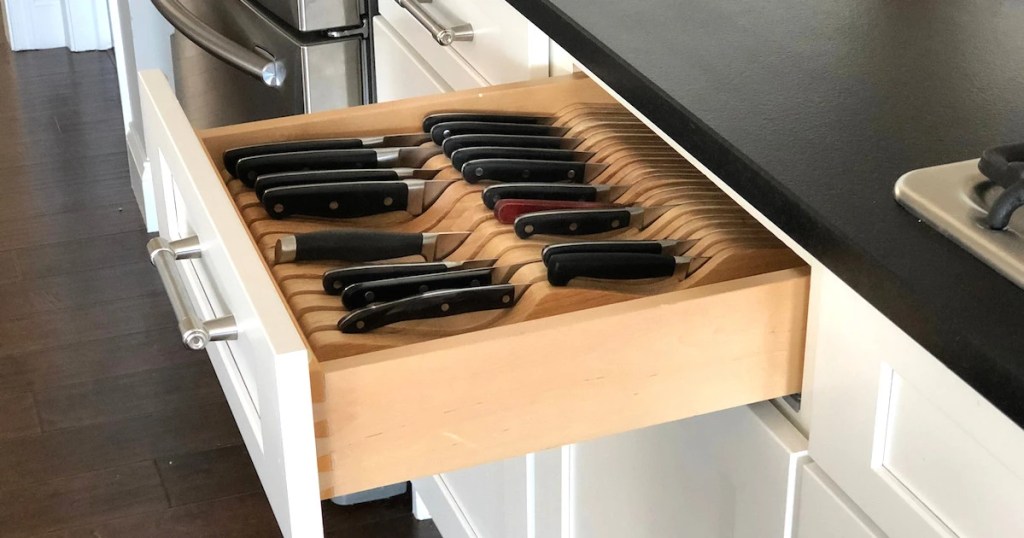 knife block in drawer to organize and safe space