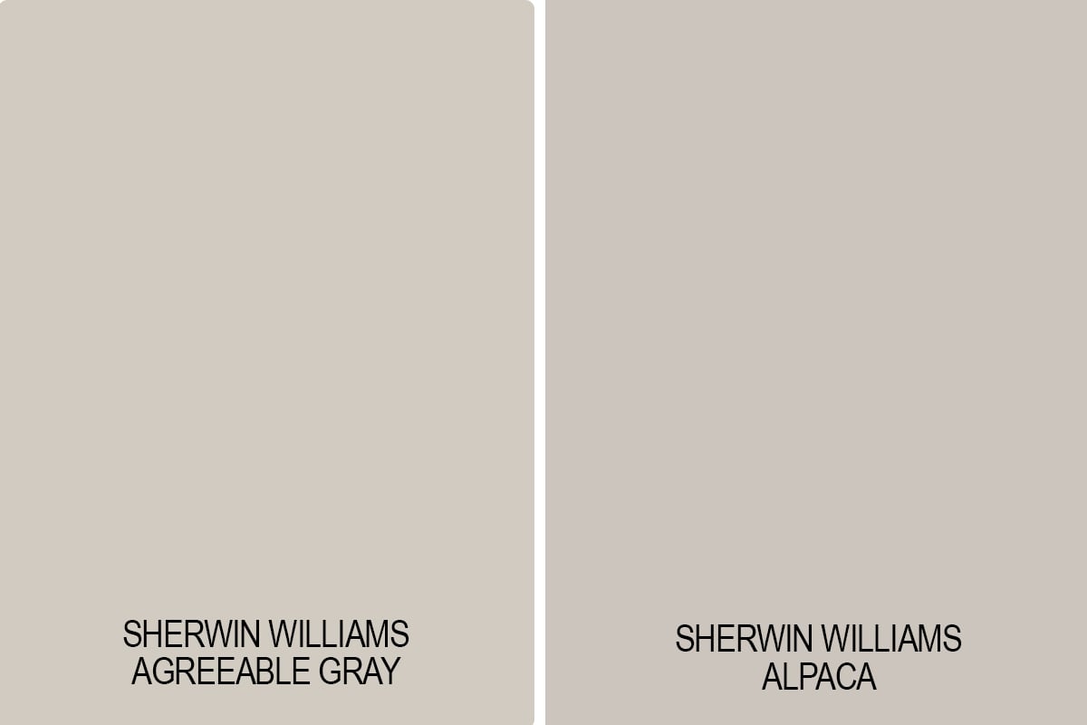 comparison swatch of agreeable gray vs alpaca