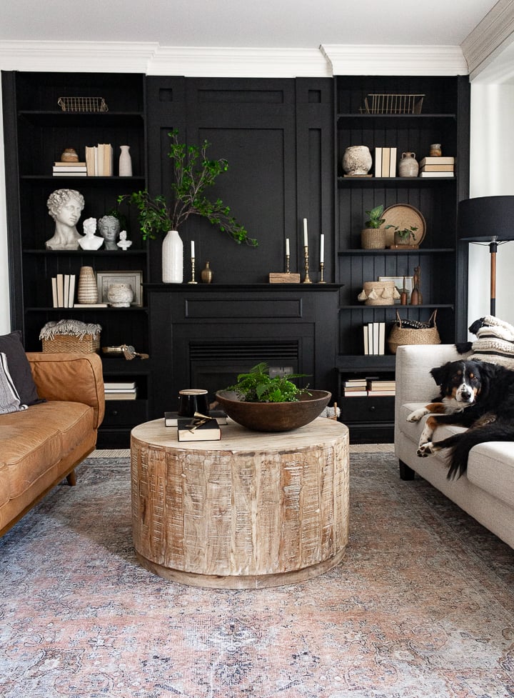 fireplace and built-ins painted a deep black color