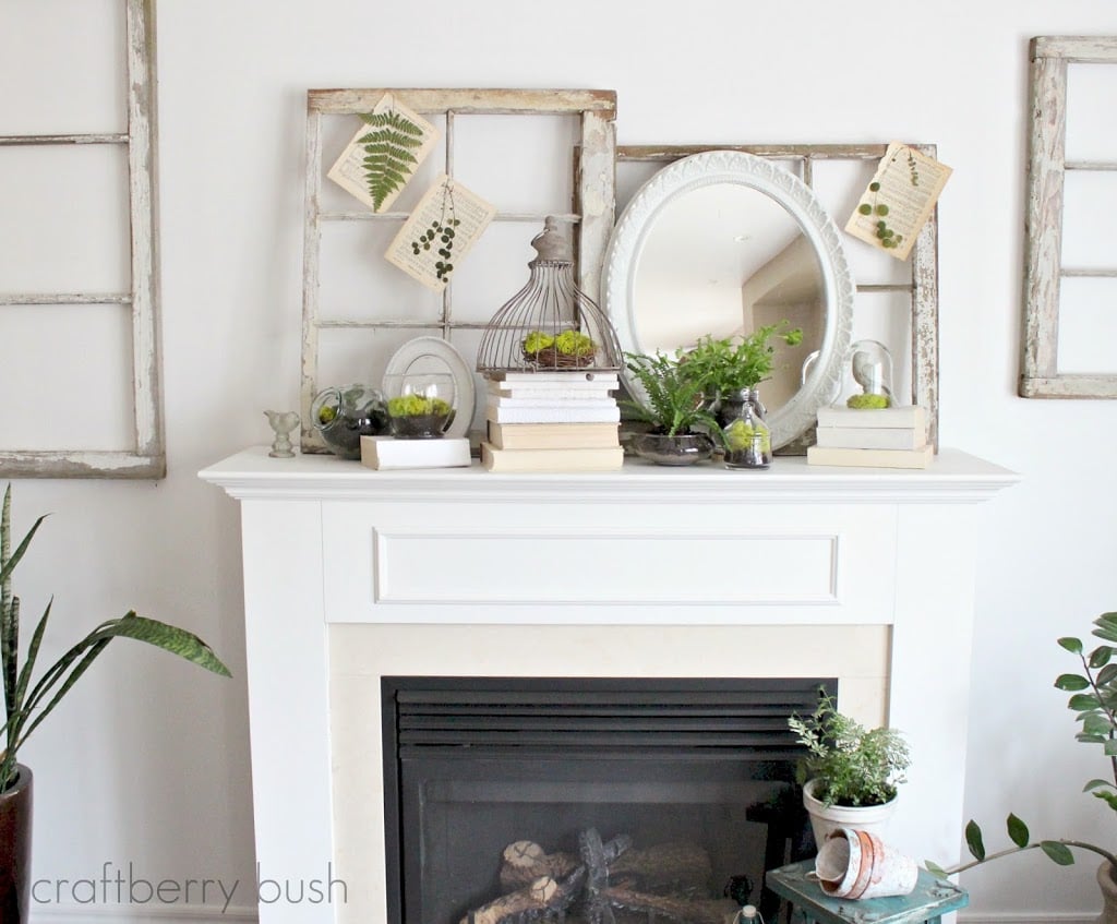 Natural Green Spring decor on white mantle fireplace