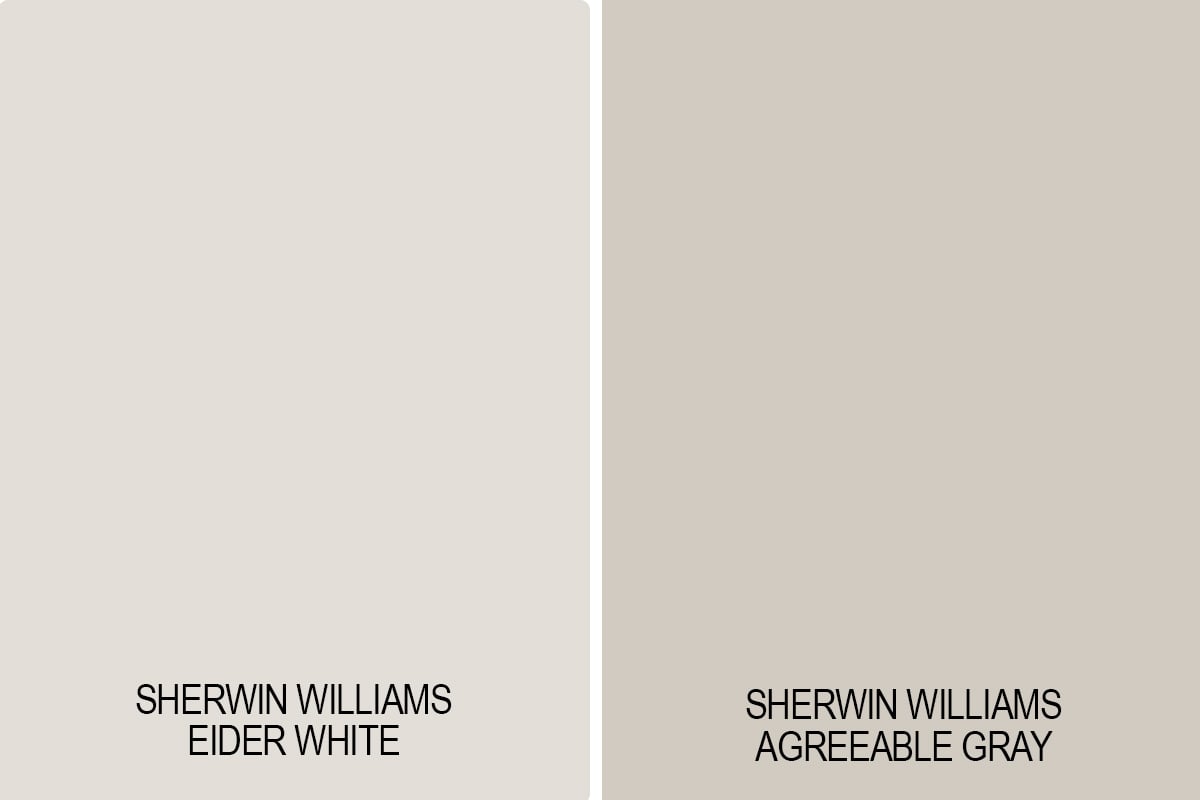 Eider White vs Agreeable Gray paint swatch side-by-side comparison