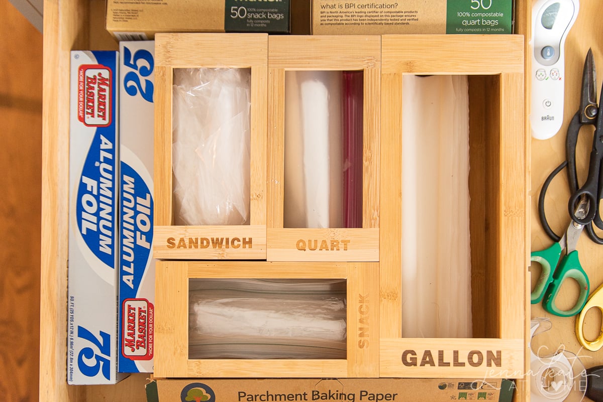 wooden snack bag organization inside drawer