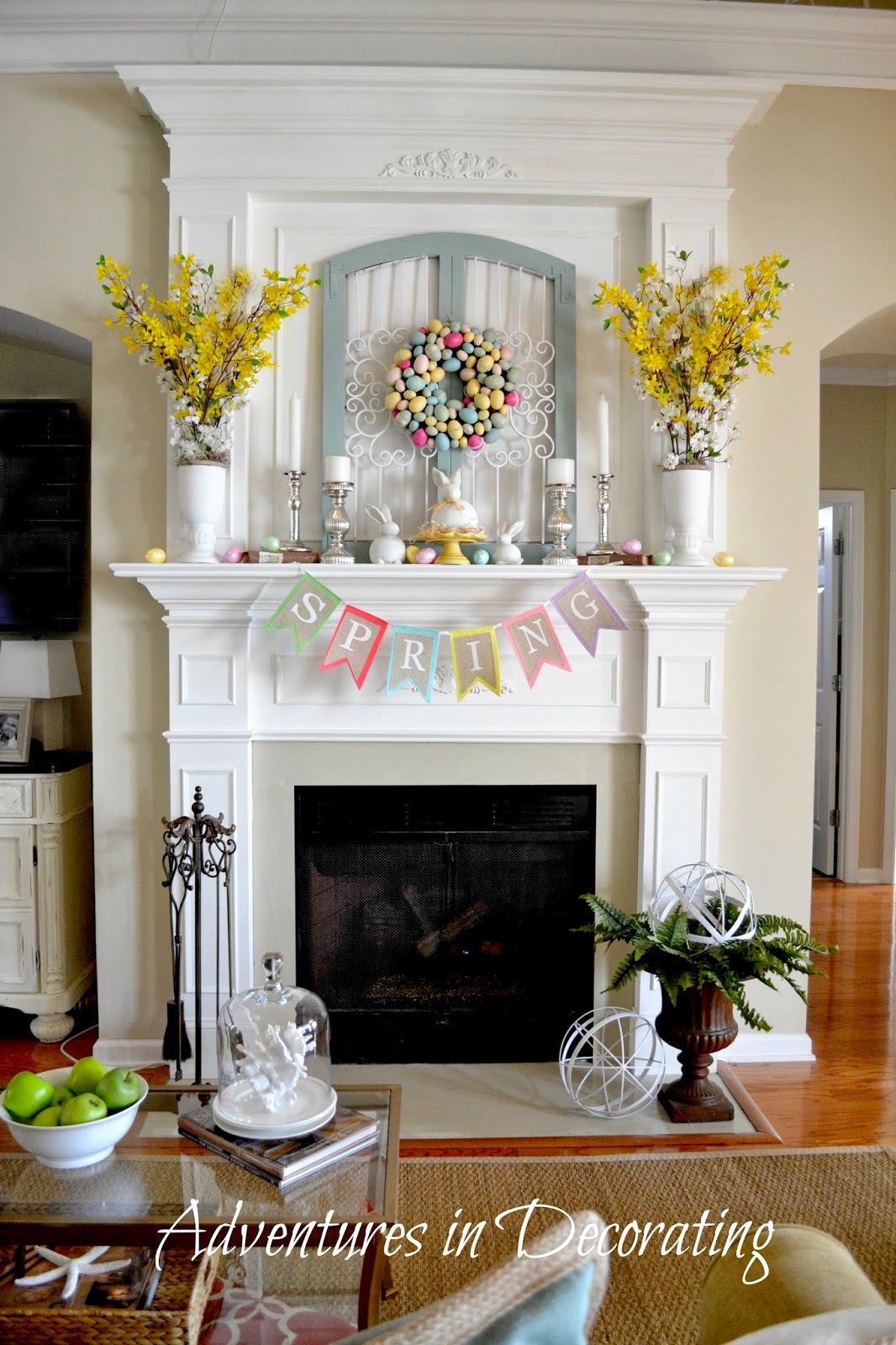 bright spring mantel colorful bunting and wreath with bright yellow florals
