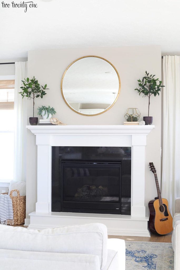 Natural Spring Mantel topiaries gold mirror and white simplicity 