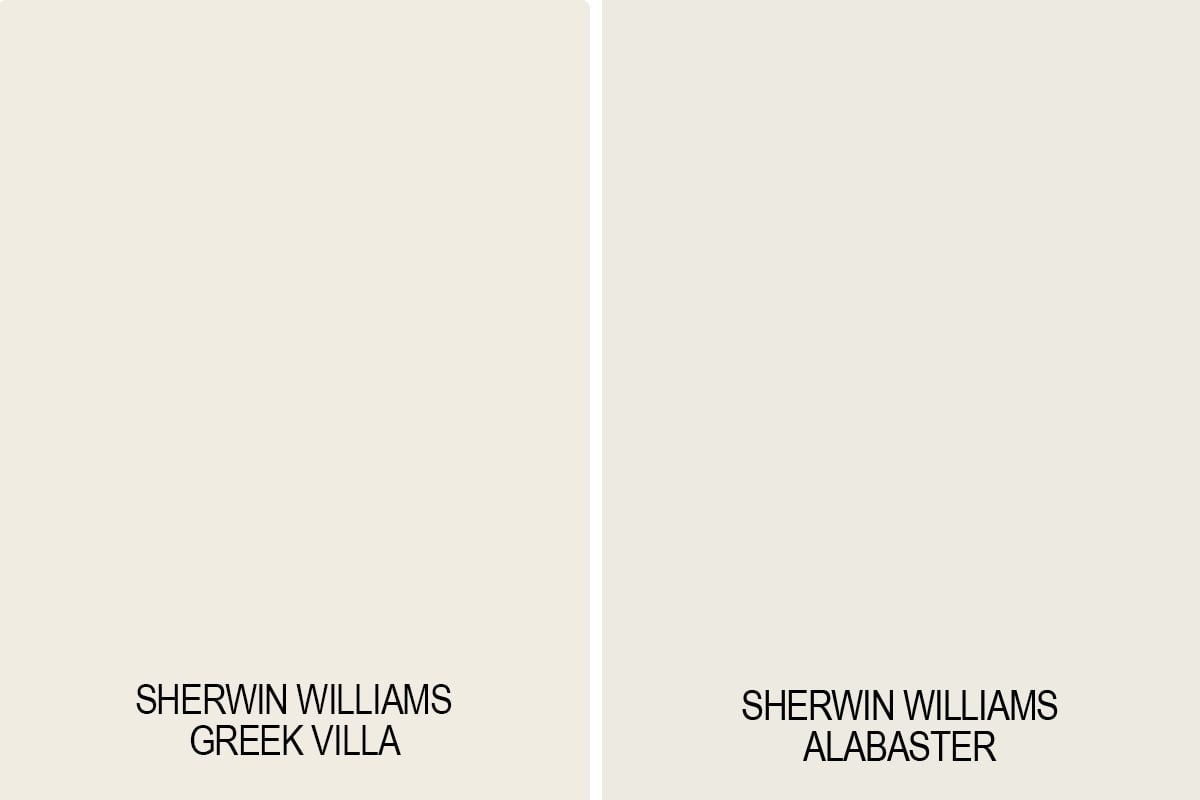 paint swatch comparison of sherwin williams greek villa and alabaster