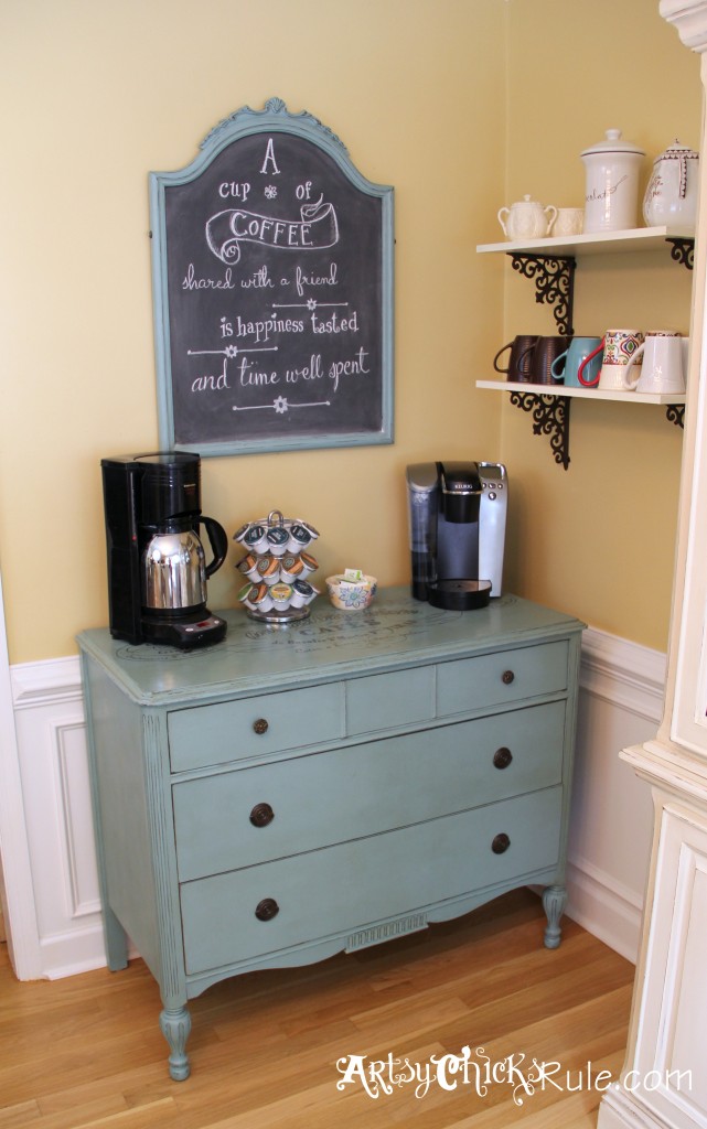coffee bar station with blue dresserr and chalkboard menu