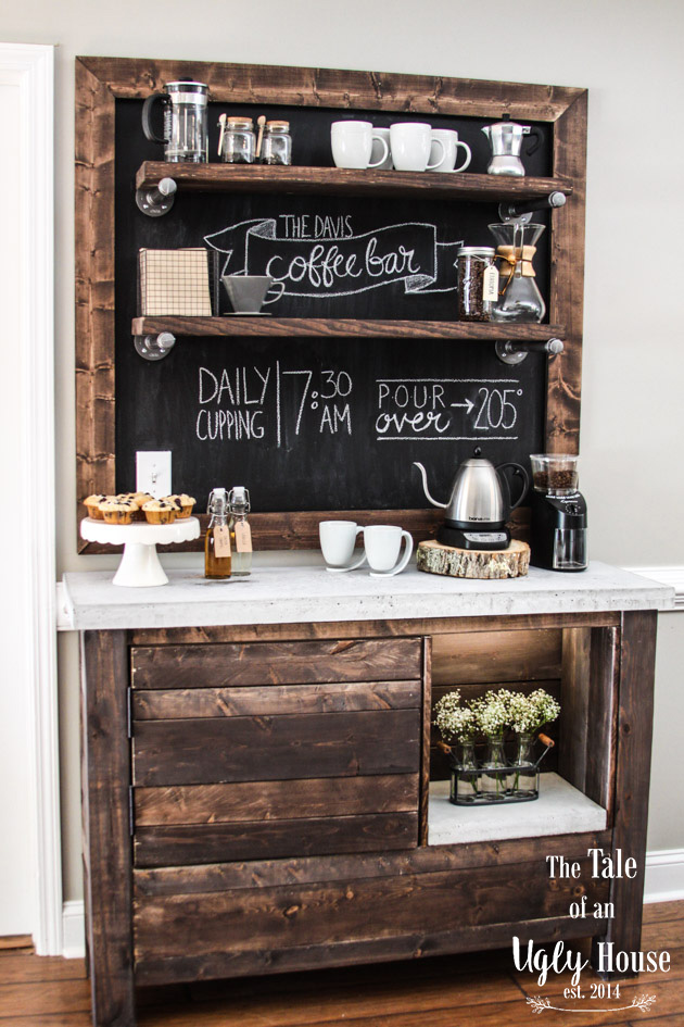 DIY BUILT coffee bar with huge rustic chalkboard and rustic wood cabinet