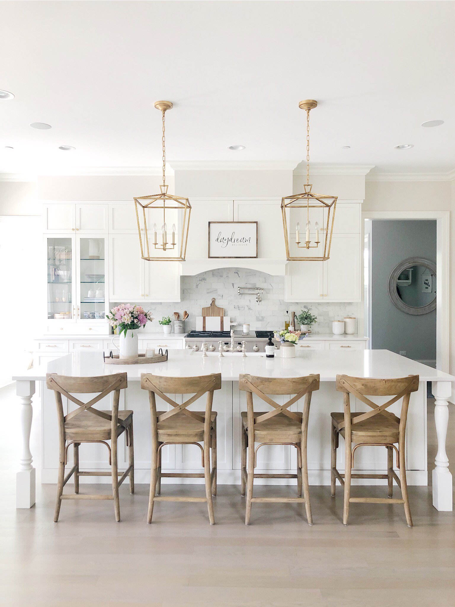 light gray walls with white cabinets