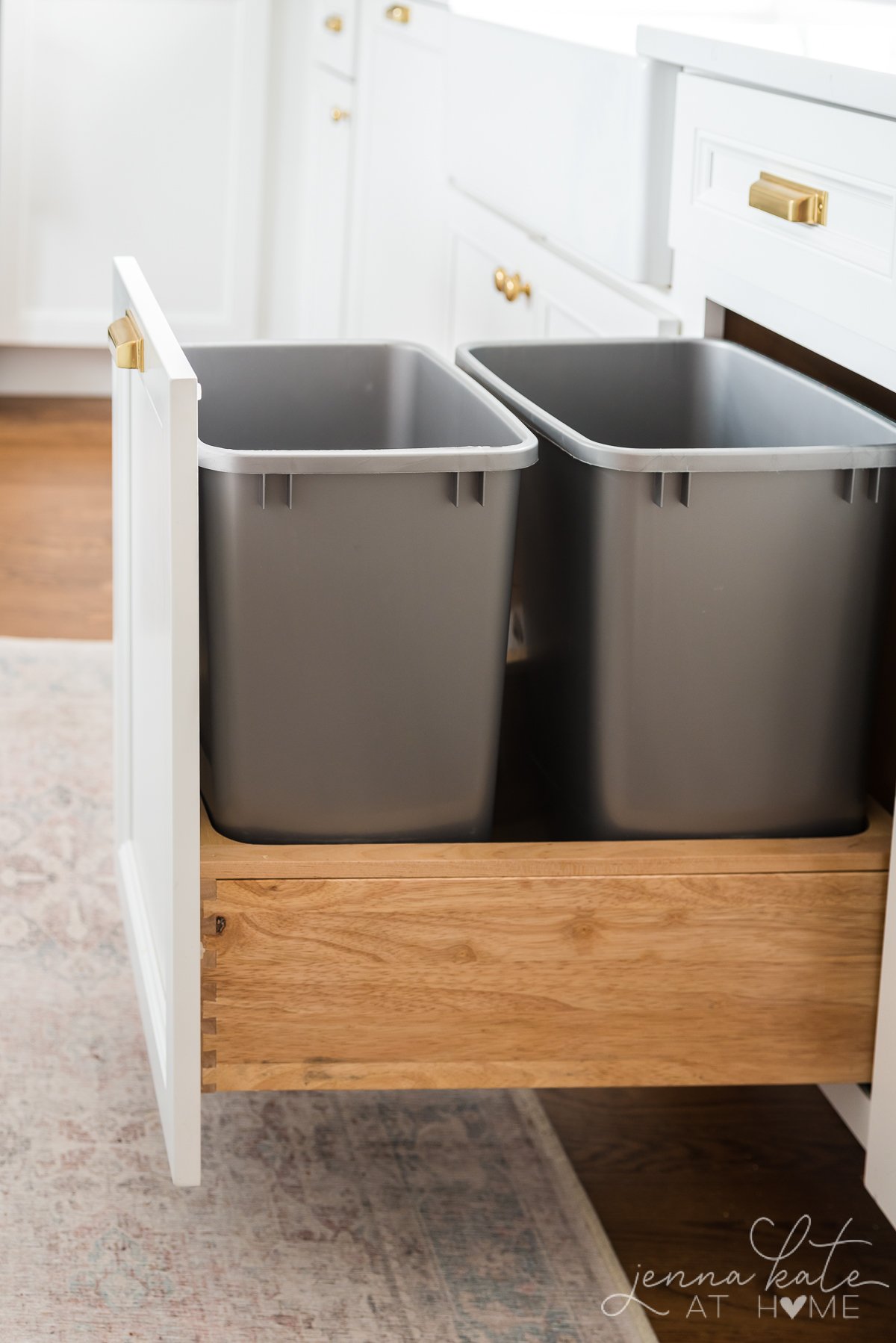 pull out trash can organizer in the kitchen