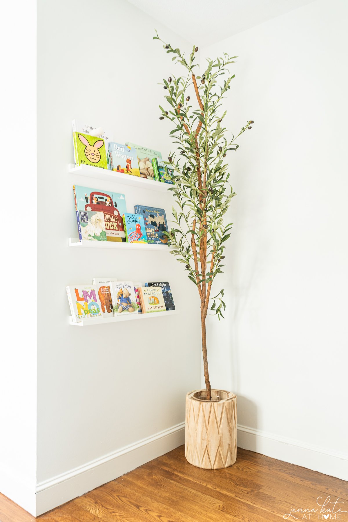 skinny olive tree next to nursery book ledges