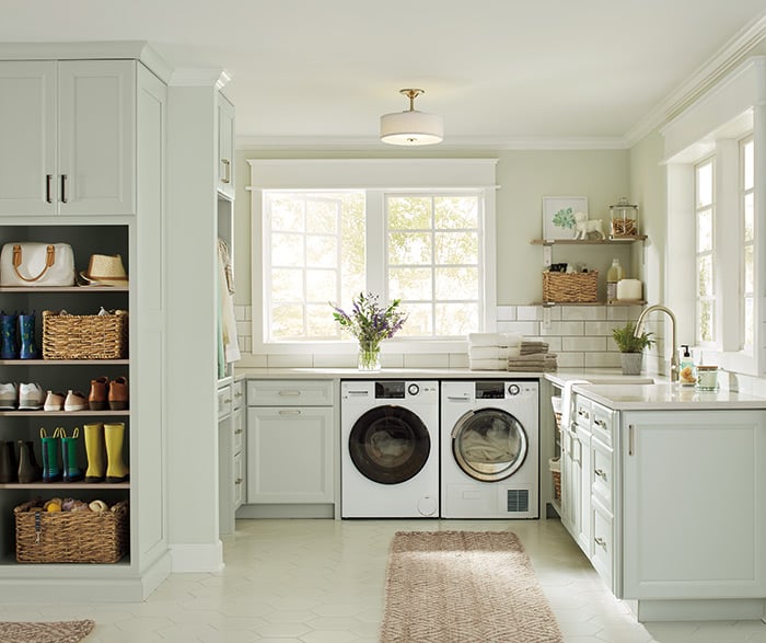 Laundry room with cabinets painted Sherwin Williams Sea Salt