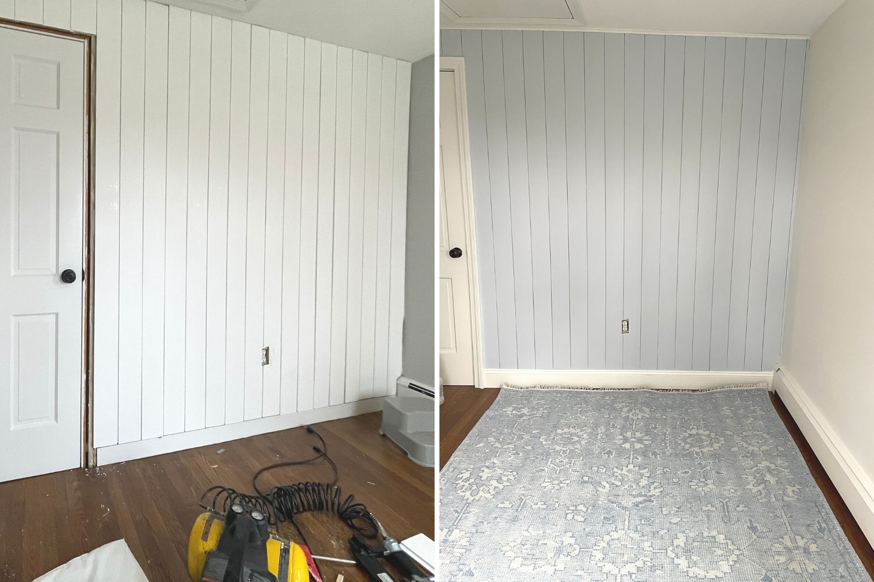 comparison image of white shiplap versus blue painted shiplap