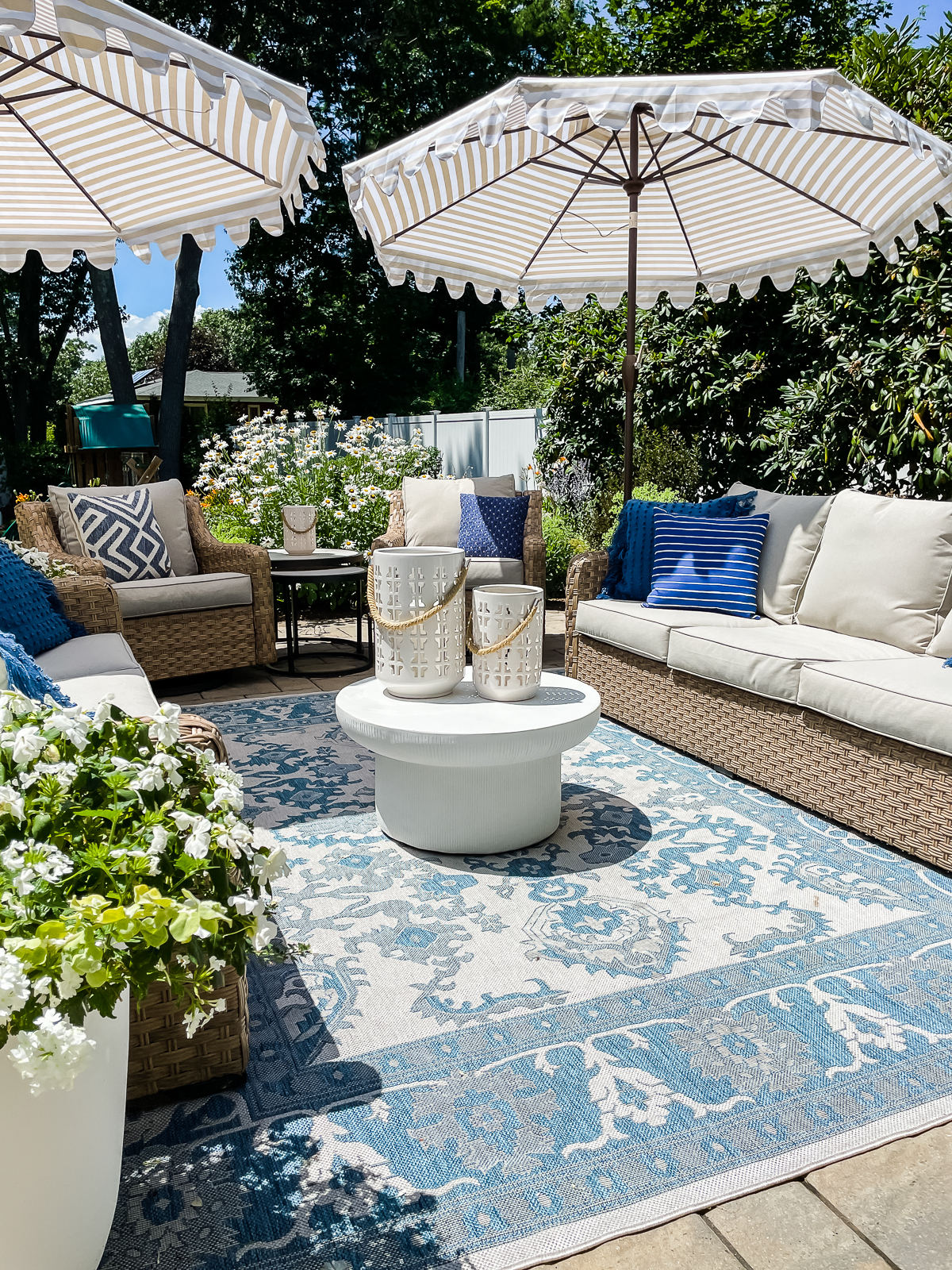 patio furniture with umbrellas in the backyard