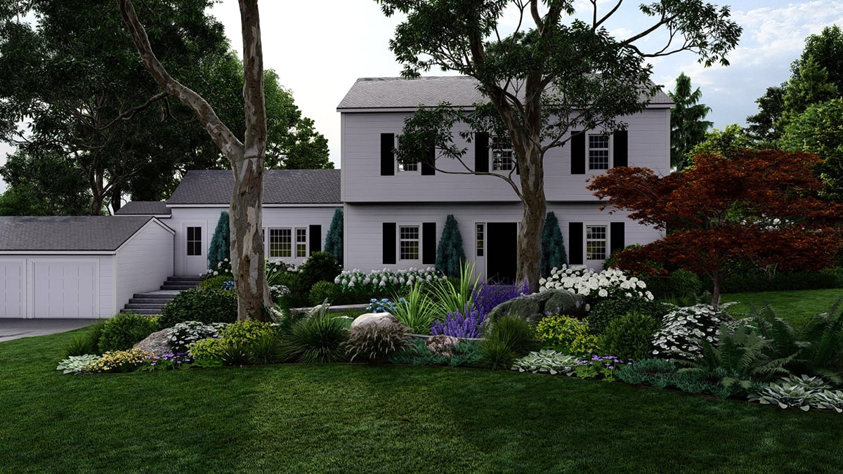 the front yard with various trees and plants for landscaping