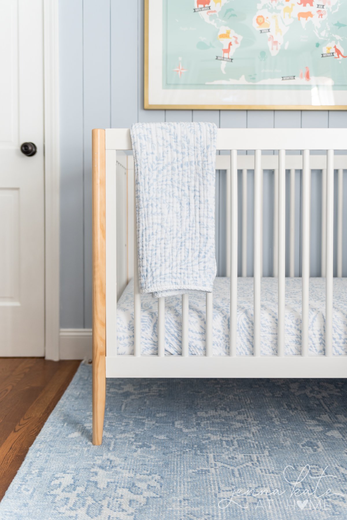 white crib with serena & lily muslin fitted sheet