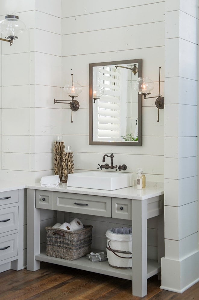 white dove ship-lapped bathroom with gray vanity.