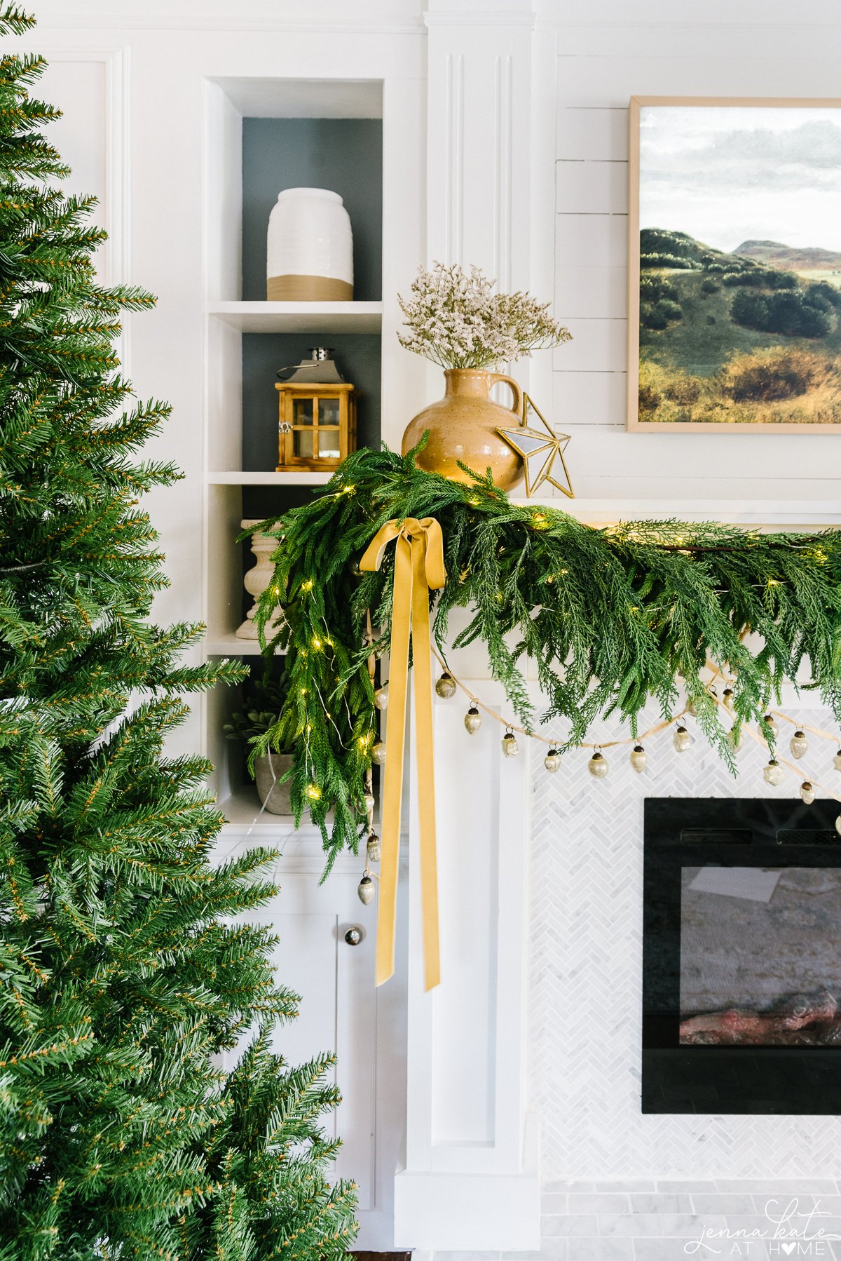 faux garland with ribbon and lights