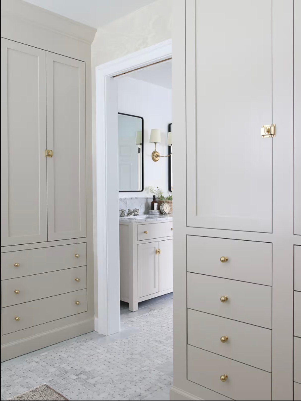 built-in cabinets painted Accessible Beige with a view to a bathroom