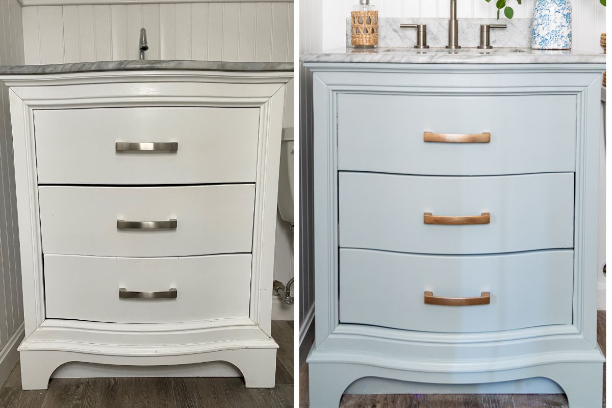 side by side of old vanity and new painted bathroom cabinet