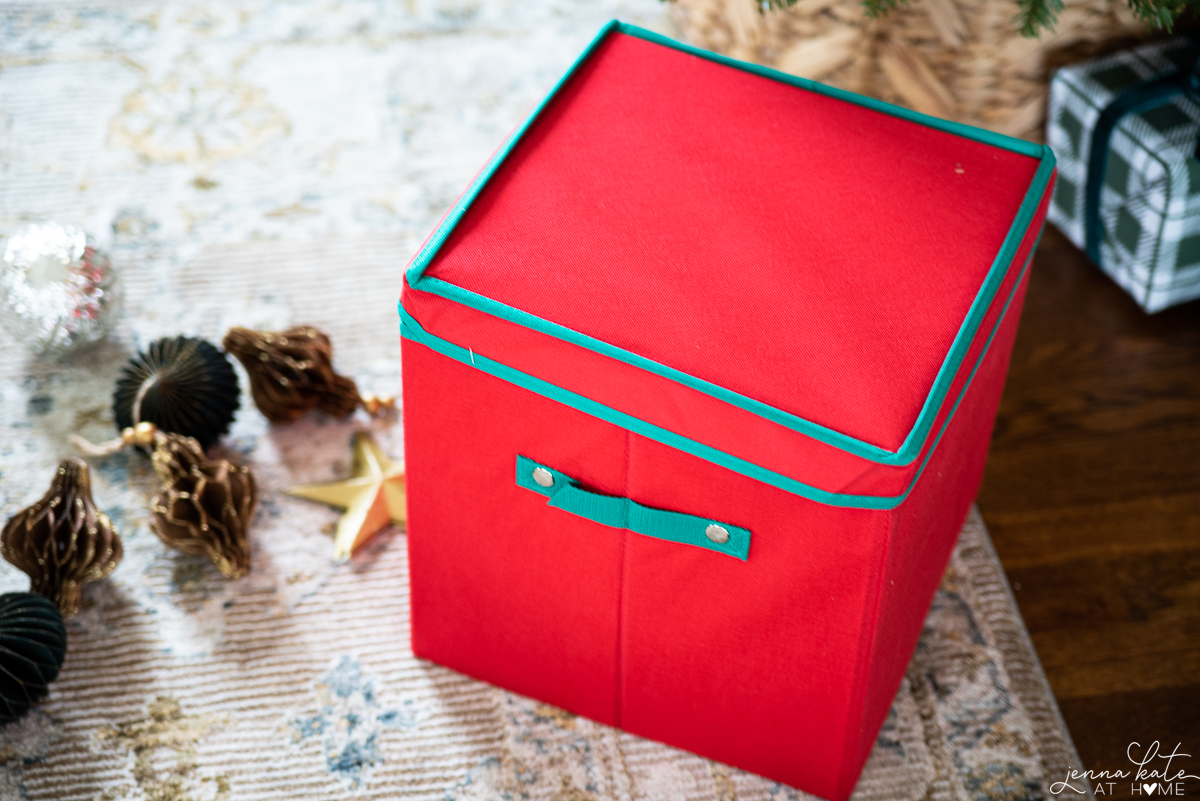 red Christmas ornament bin