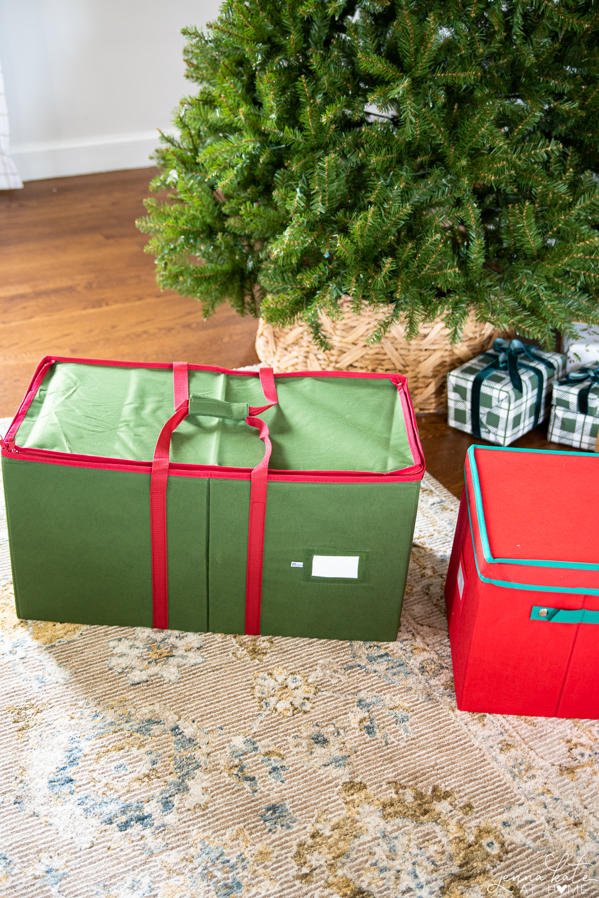 two sizes of Christmas ornament storage bins