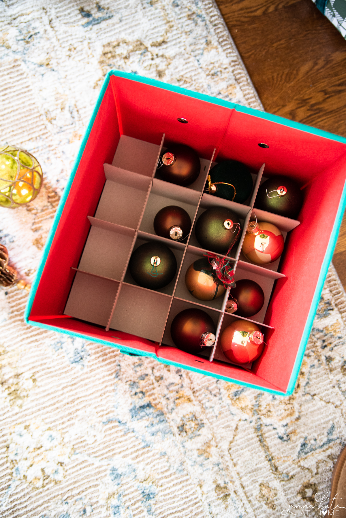 Christmas ornament bin with cardboard dividers for fragile ornaments