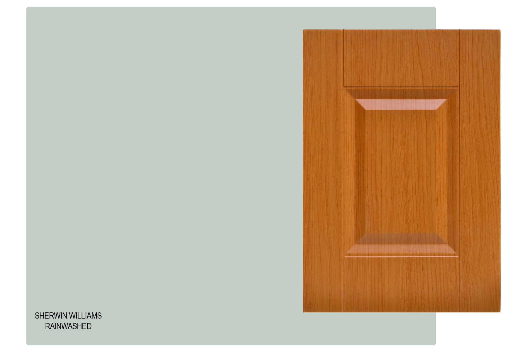 benjamin moore rainwashed compared to a honey oak cabinet door