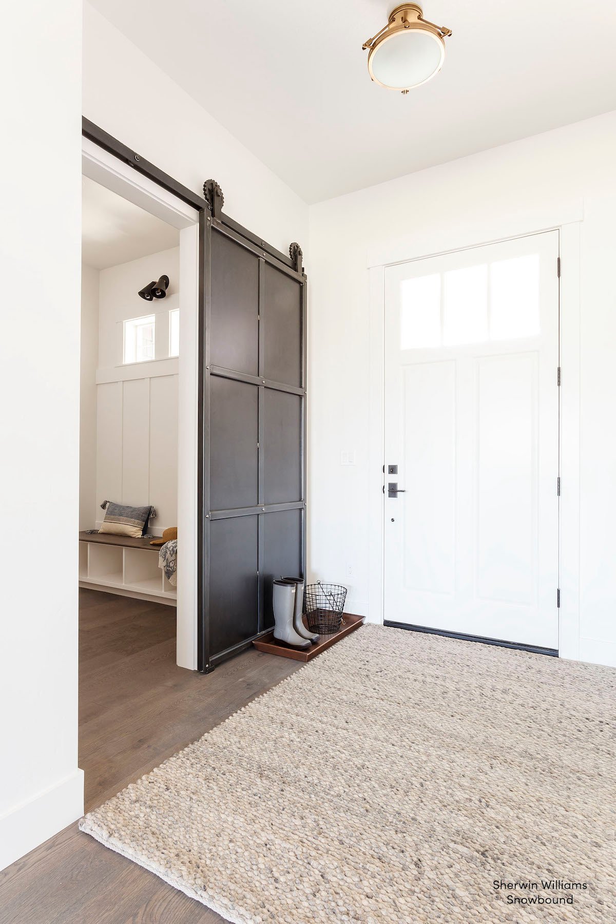 Entrance way of house with Snowbound paint color on walls