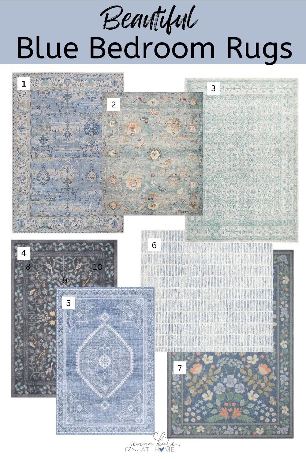 collage of blue bedroom rugs