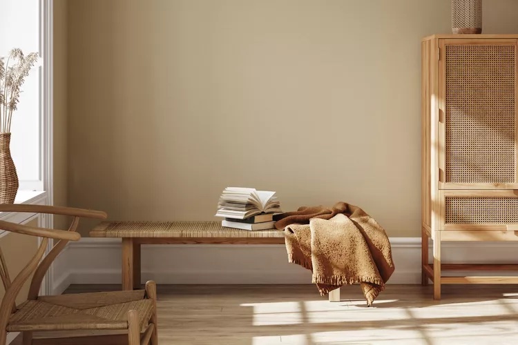 Wall painted a warm neutral beige with minimalistic seating, blanket and books.