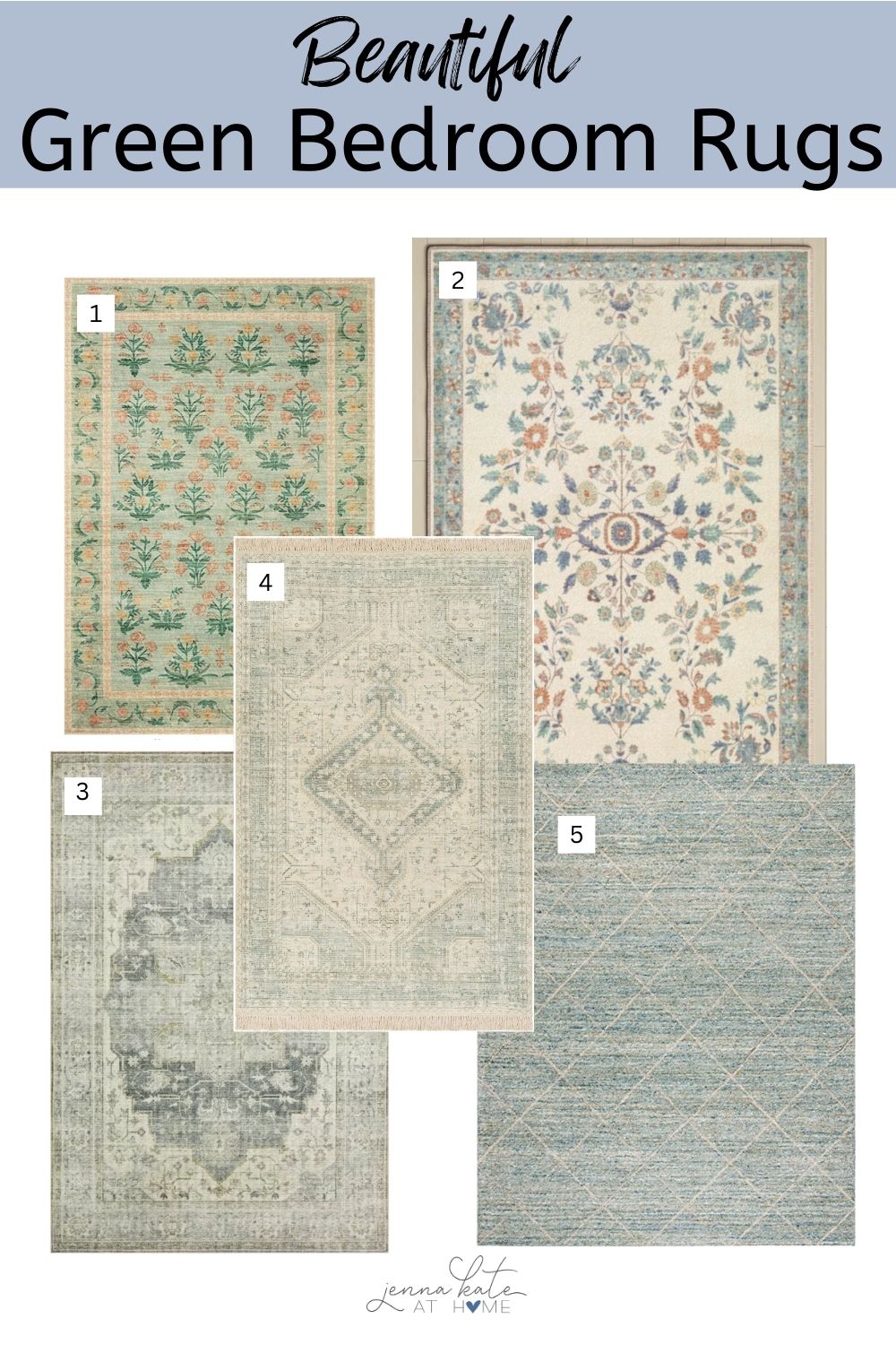 collage of green bedroom rugs