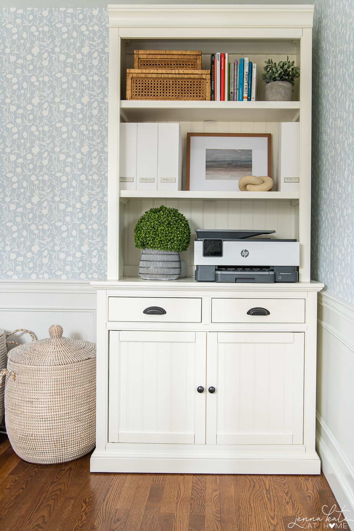 Amazon cane and rattan boxes on an office bookcase