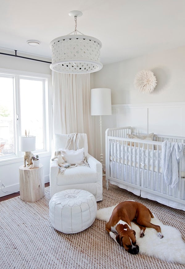 all white nursey with chantilly lace beadboard warmer white walls and all white furniture