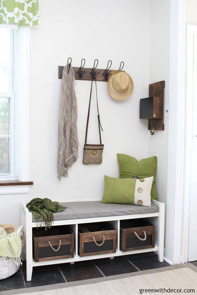 Entry way with bench and hooks with Aesthetic White on the walls