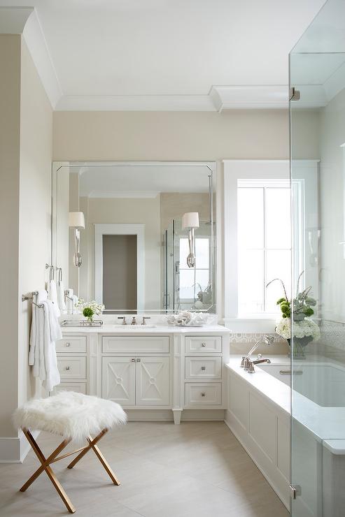 Ballet White bathroom with single white washstand and white quartz countertops