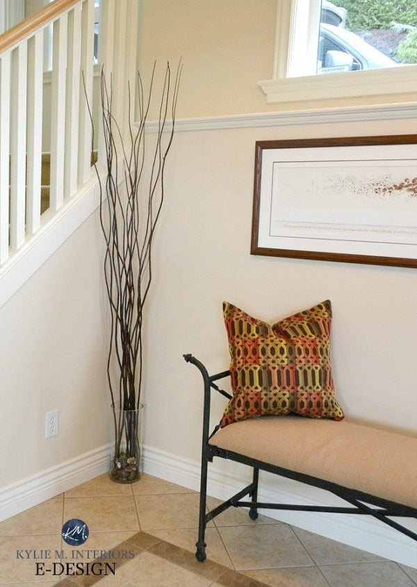 Corner area near stairs with a bench and sticks using BM Indian White on the walls