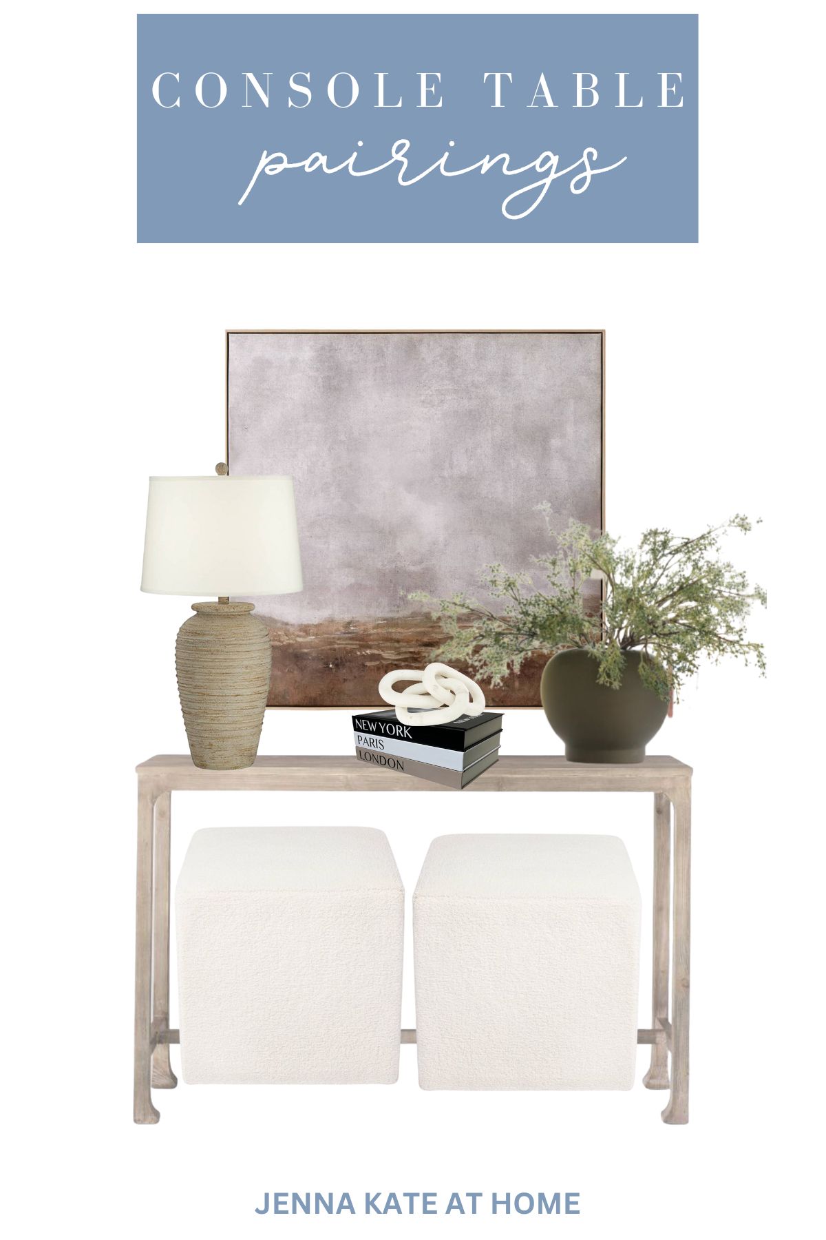 moody neutral console table decor collage