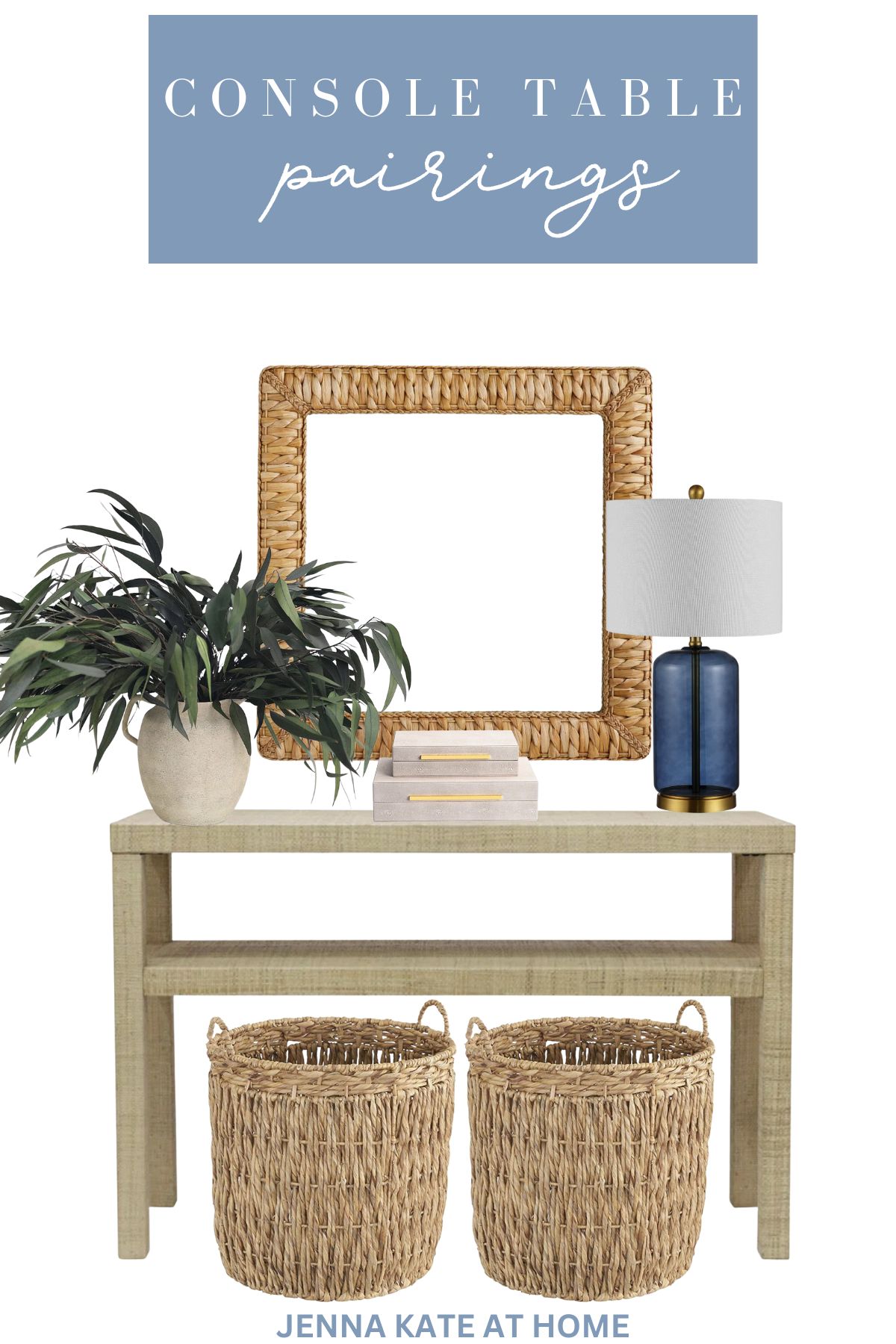 Coastal luxe console table decor collage