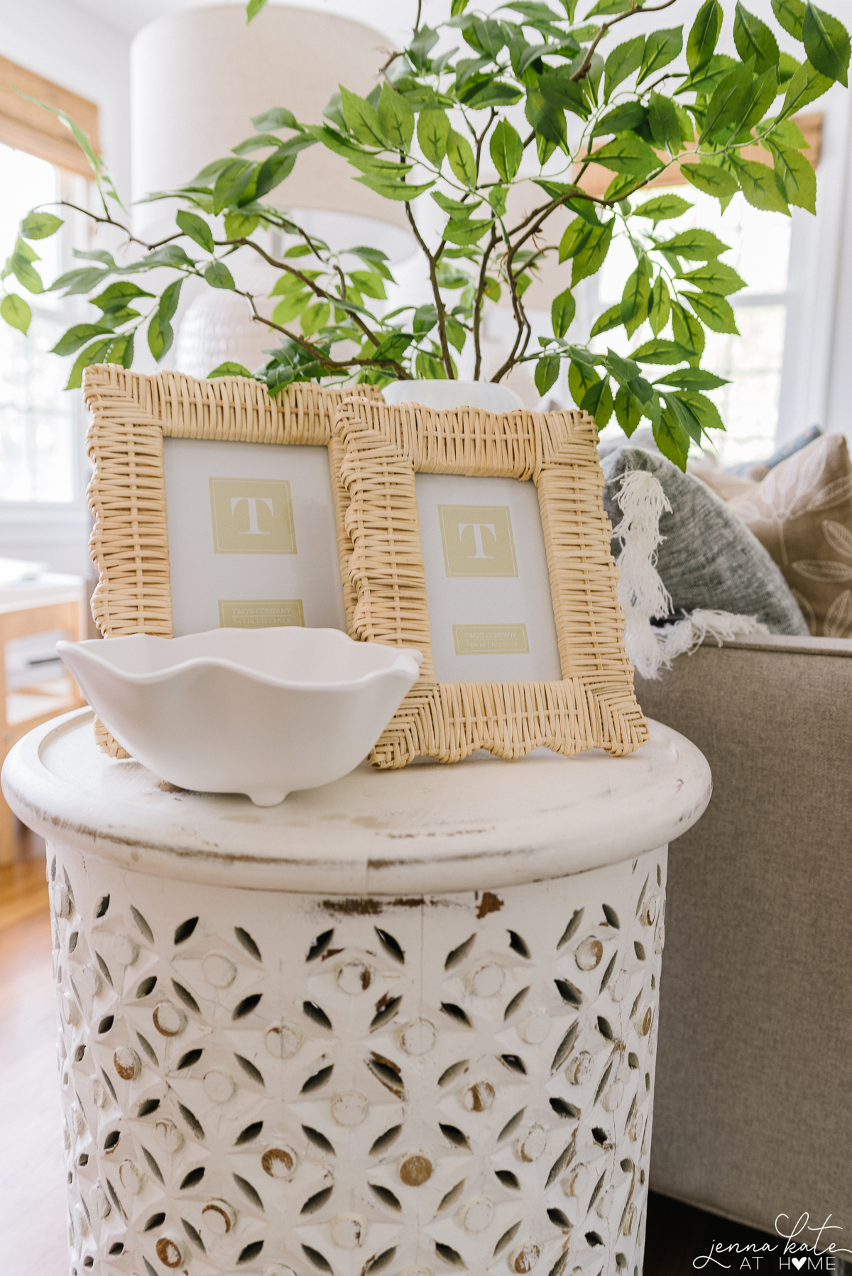 woven picture frames from Amazon on a white dum table