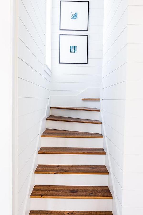 Bright staircase with SW Ceiling Bright White shiplap on the walls