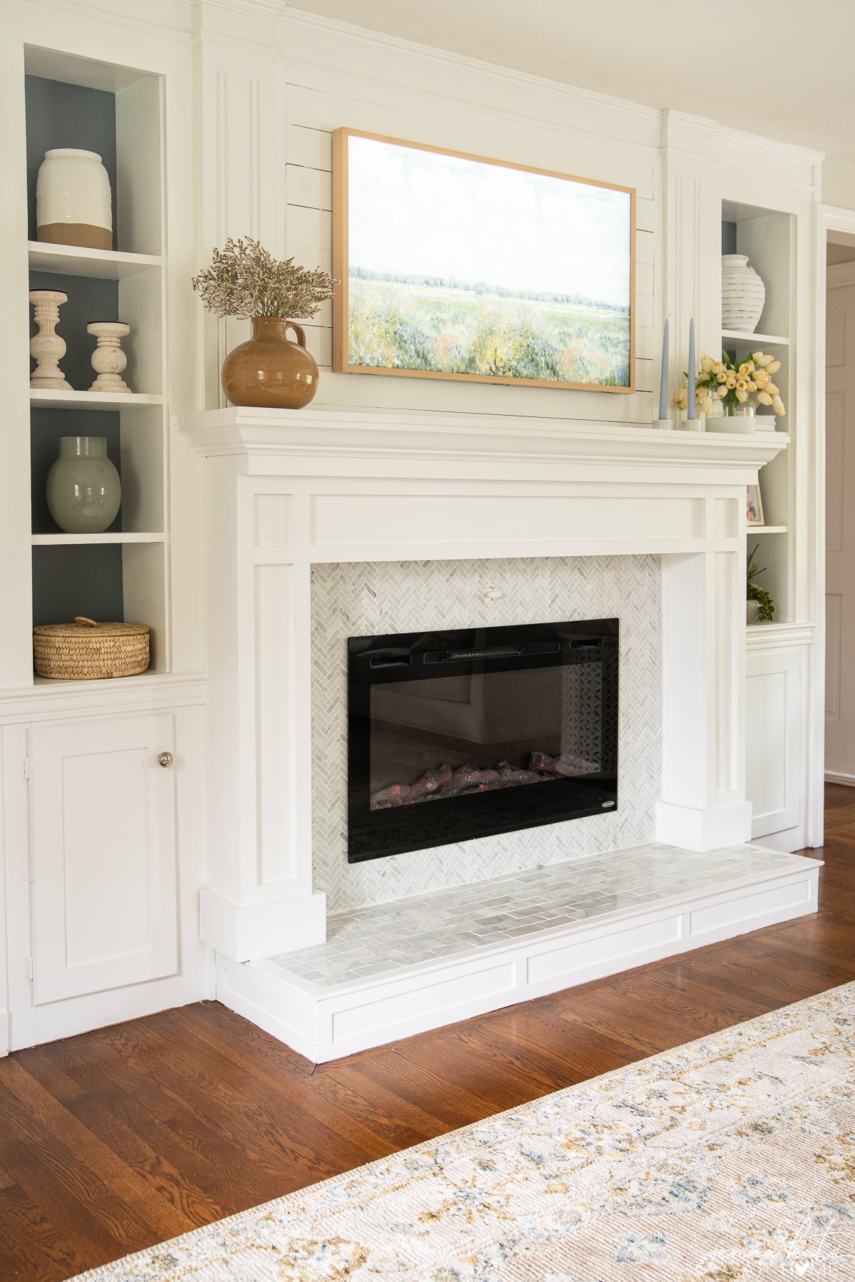 living room fireplace and built-ins painted Sherwin Williams Pure White