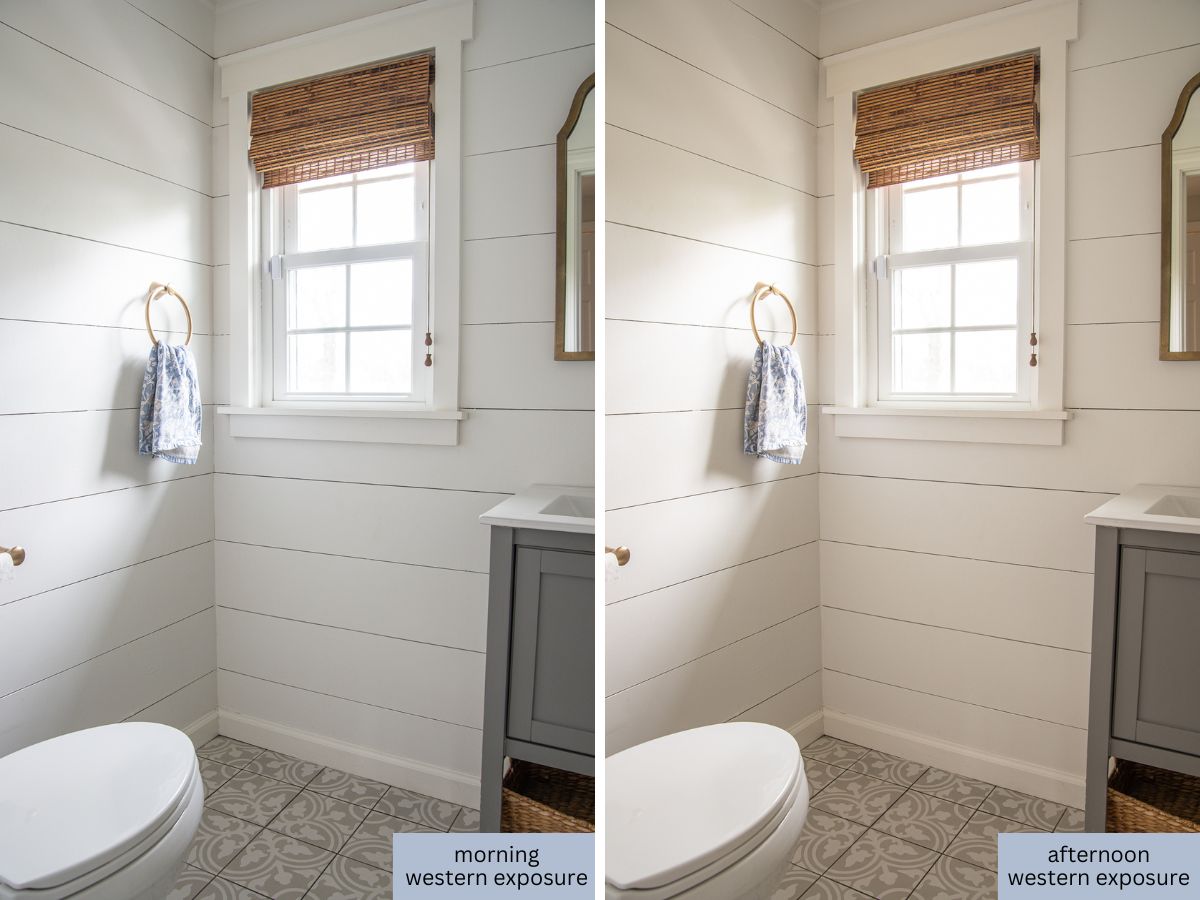 side by side of powder bathroom painted pure white with dull morning light versus warm afternoon light