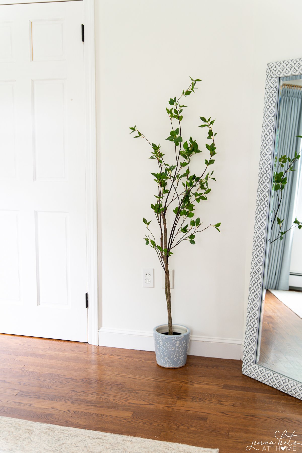 eggshell walls in a bedroom with satin trim. There's a small potted tree next to a mirror.