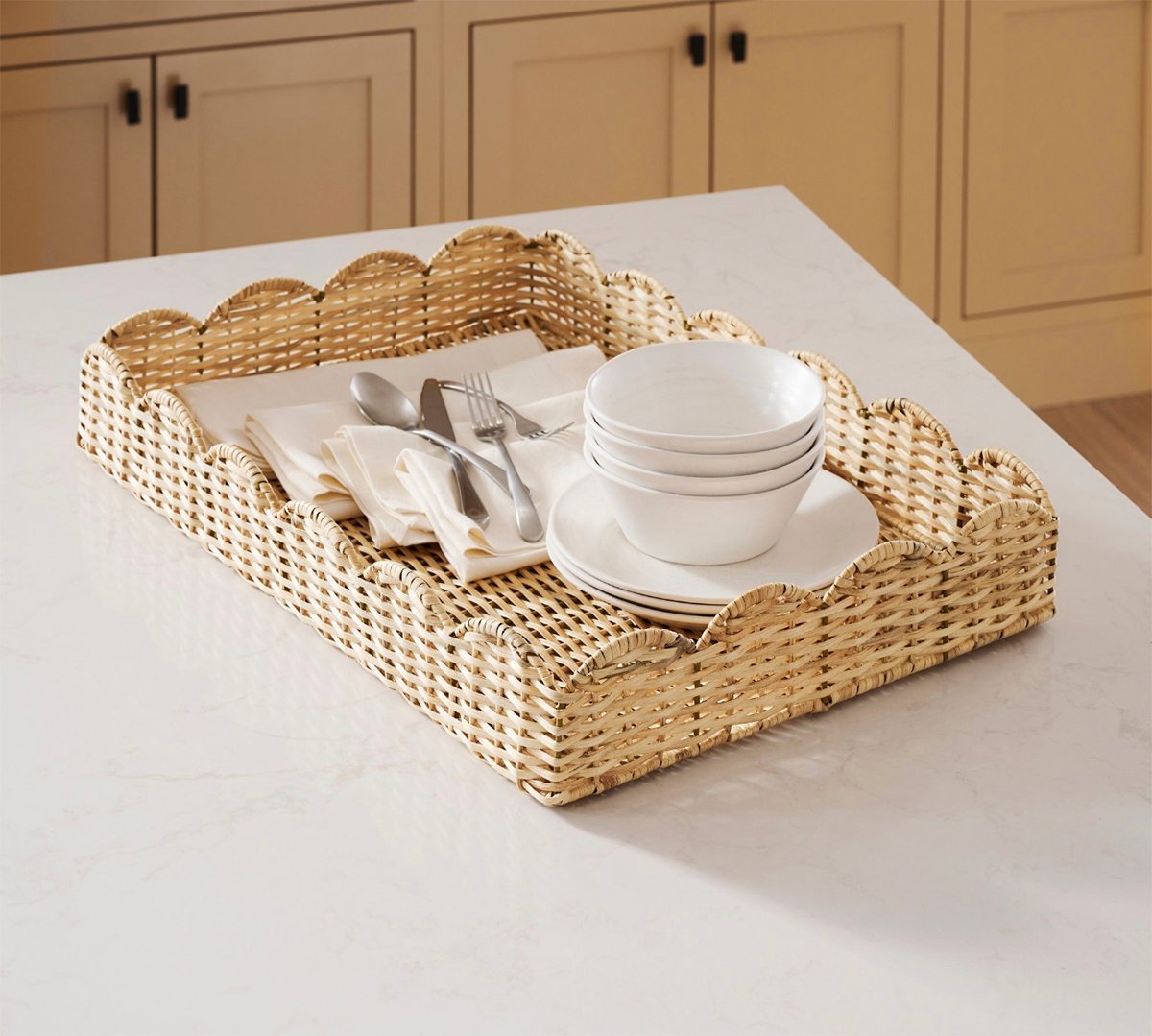 pottery barn handwoven scallop rattan tray