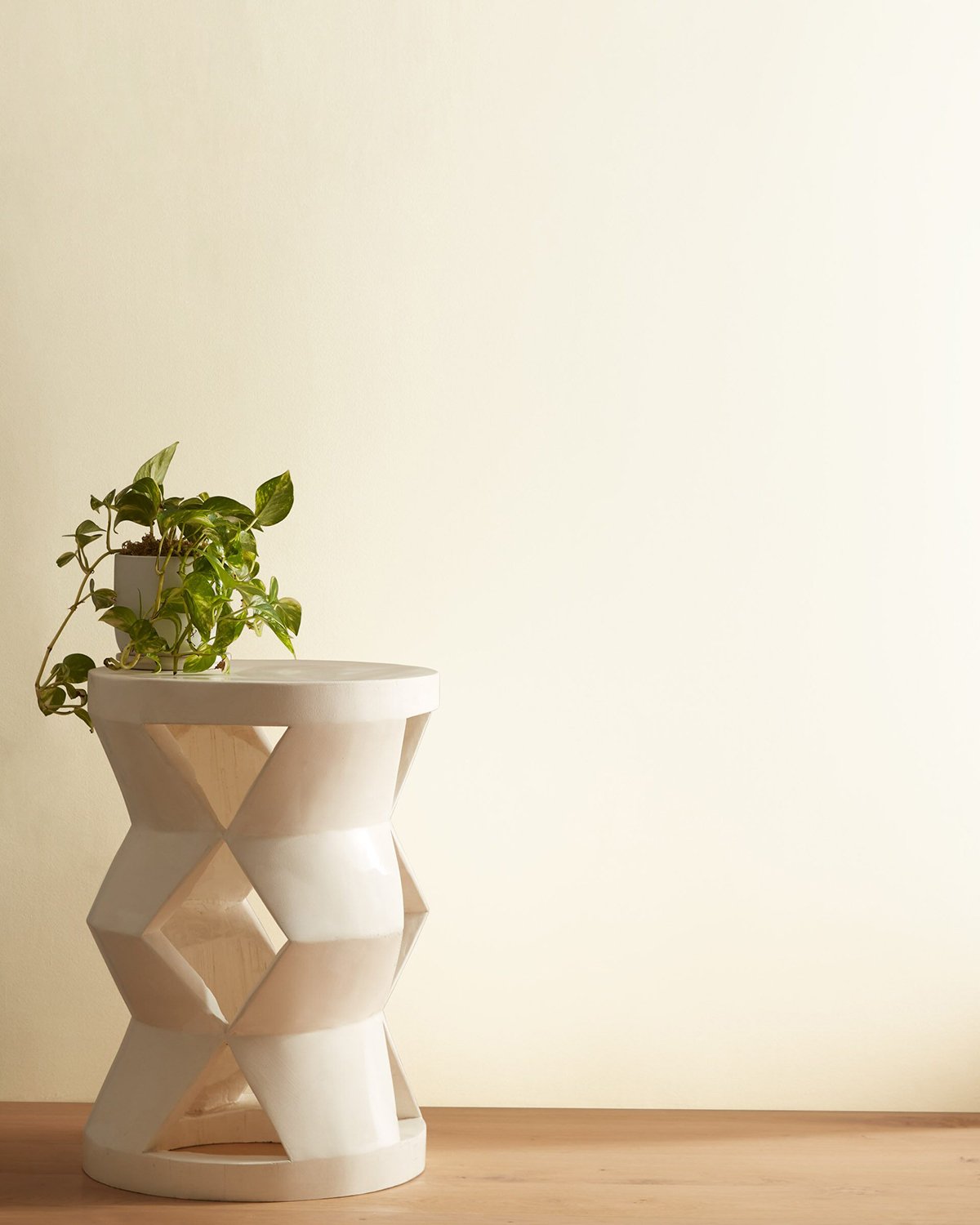 side table with a plant with background painted Benjamin Moore Acadia White