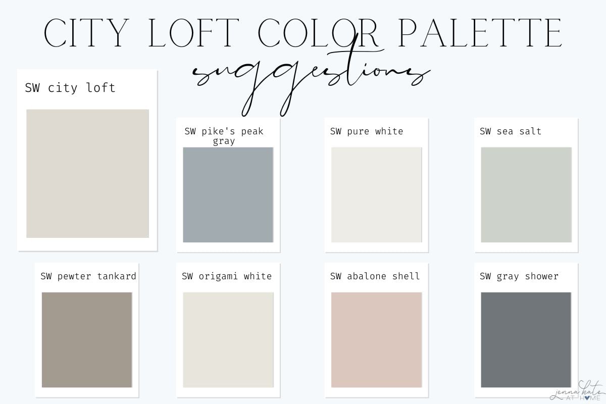 city loft color palette with swatches of sw city loft, sw pike's peak gray, sw pure white, sw sea salt, sw pewter tankard, sw origami whte, sw abalone shell and sw gray shower