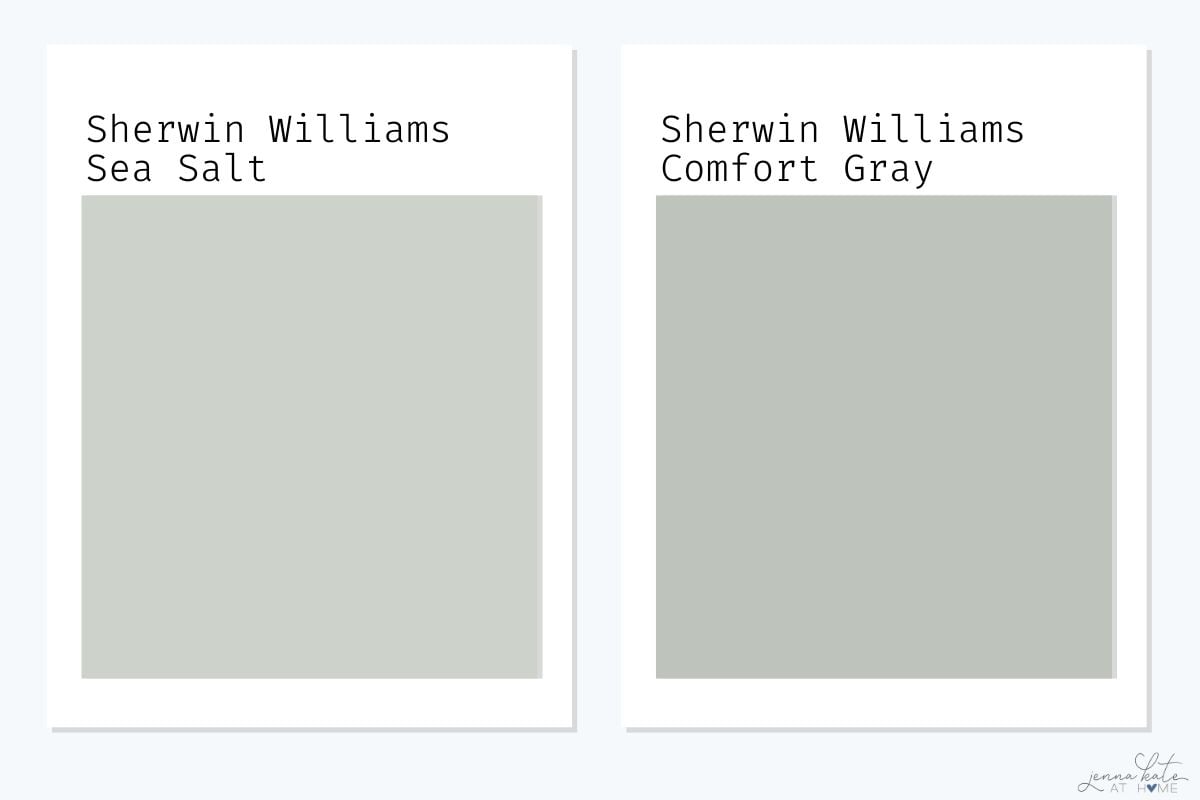 side by side swatch of sea salt versus Comfort Gray,